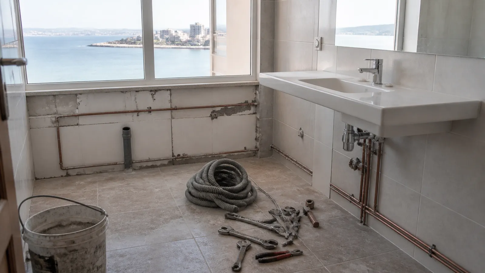 Baño de vivienda en La Manga con tuberías de cobre y herramientas de fontanero, luz de mañana