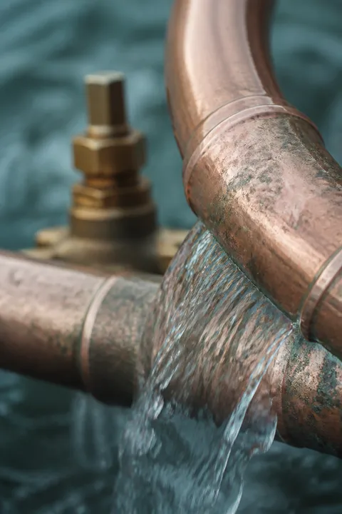 Curvas de tubería de cobre y agua en un encuadre abstracto de fontanería